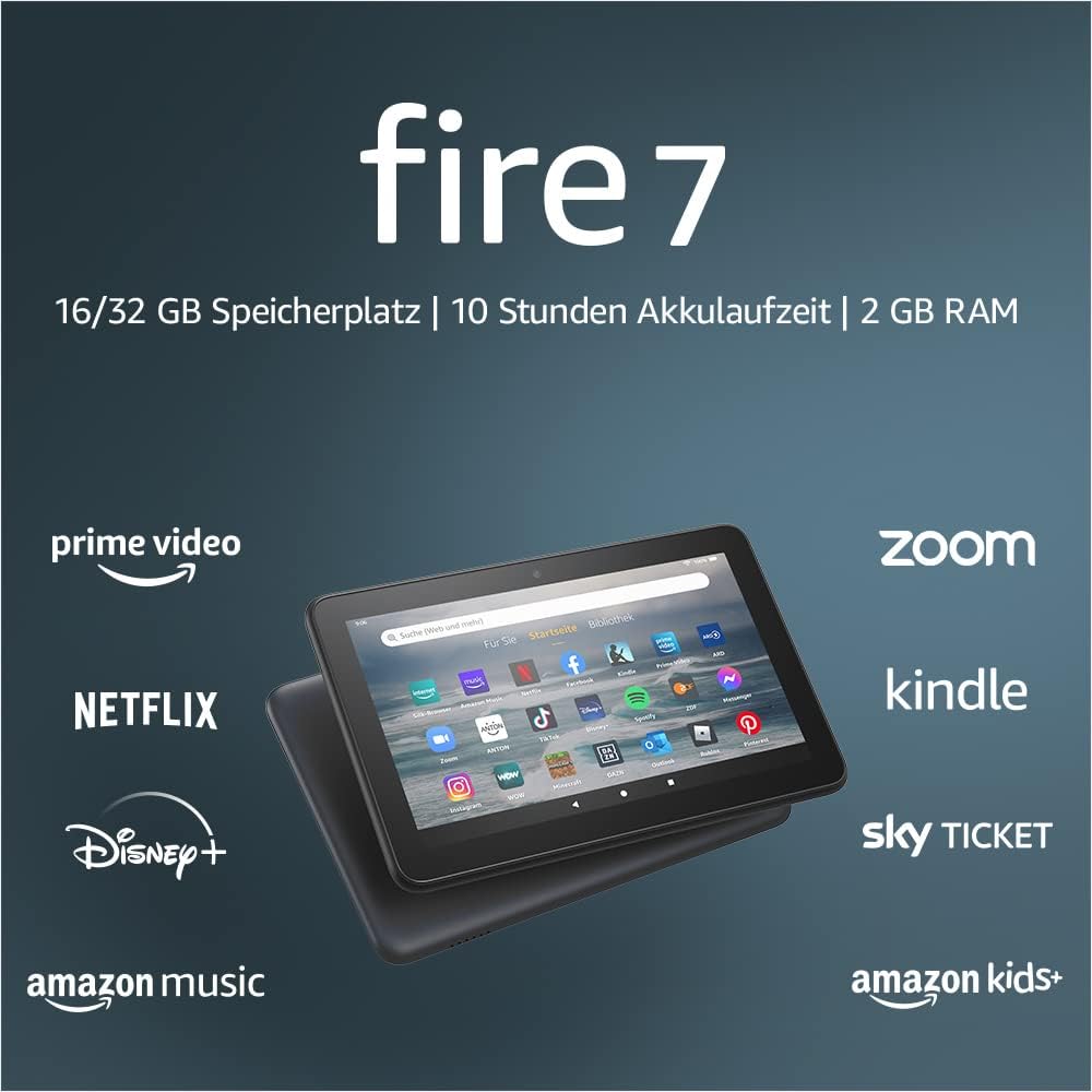 Amazon Fire 7-Tablet, 7-Zoll-Display, 16 GB, neuestes Modell (2022), schwarz Mit Werbung | NEU